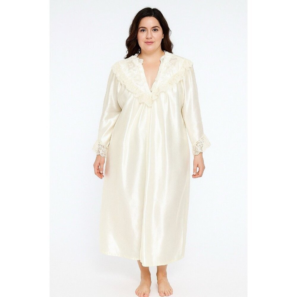 Ilise Stevens Satin Flannel Lined Nightgown Lace Size Large Vintage